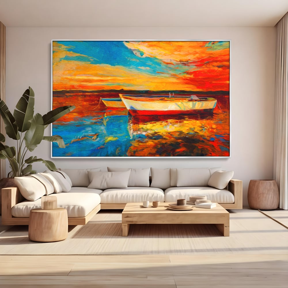 Tablou canvas cu pictura cu barci la apus, in rama de aluminiu argintiu, pe perete intr-un living